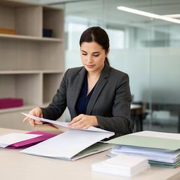 Singapore legal associate organising a case file at a modern office desk